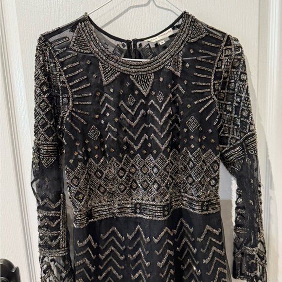 Katrina Grimaldi Black Long Sleeve Geometric Hand-Beaded Mini Cocktail Dress - Picture 2 of 9